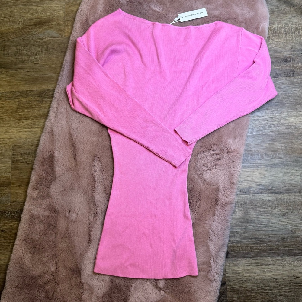 naked wardrobe Hot Pink Long-Sleeve off shoulder slouch Mini dress